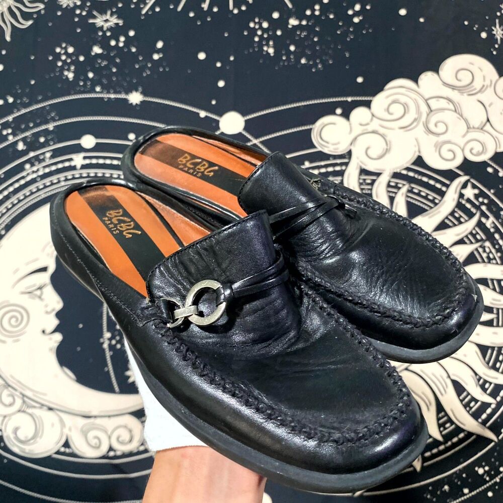 BCBG Loafer Shoes Women Black Leather Mule Horsebit Slip-On Cushioned Square Toe